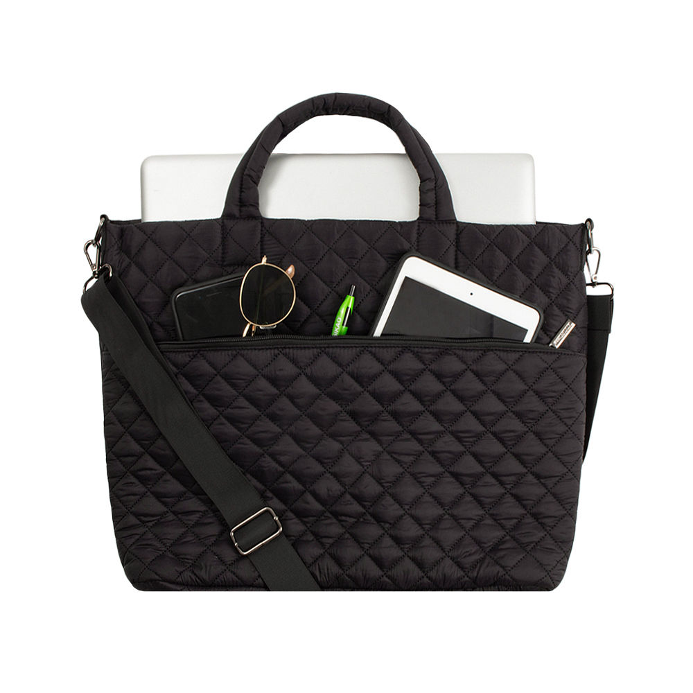 black quilted laptop bag flatlay name