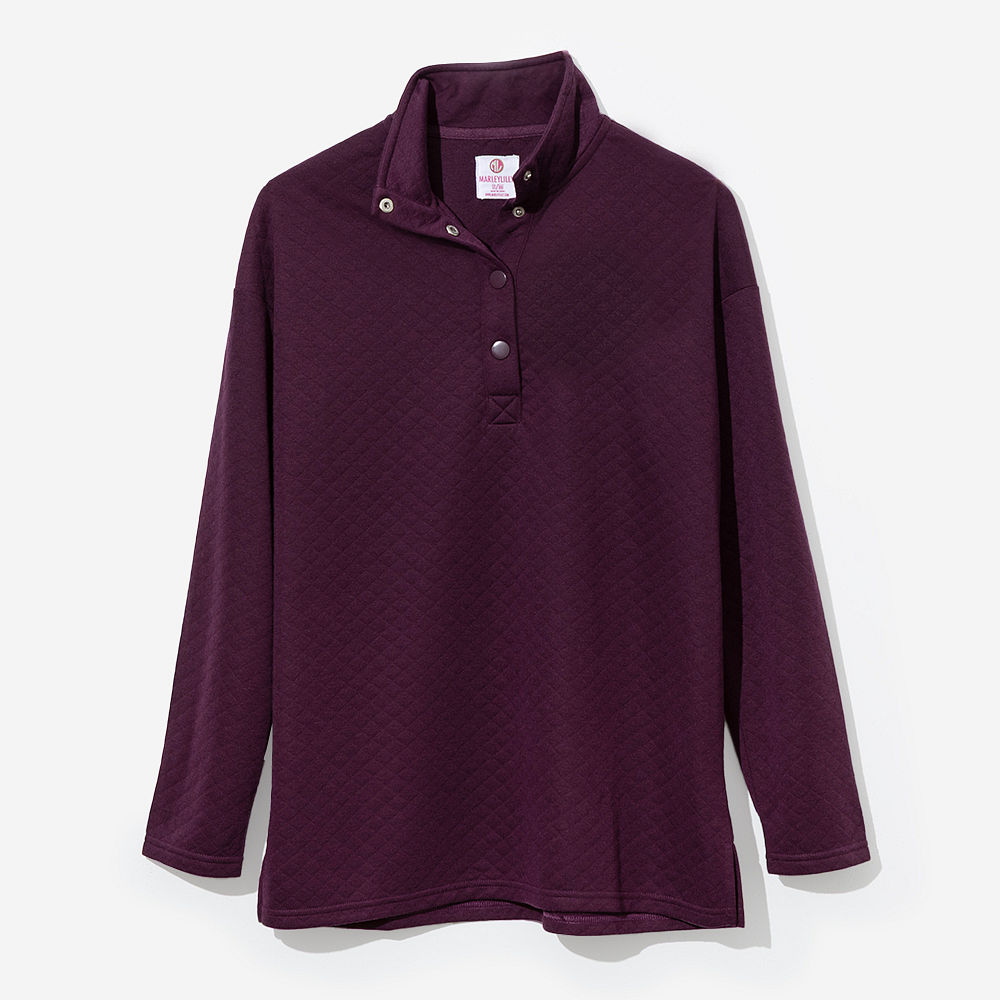 personalized quilted pullover in plum with boots