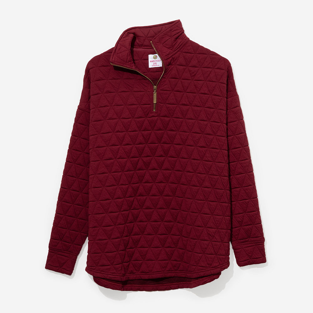 crimson quilted quarter zip pullover flatlay