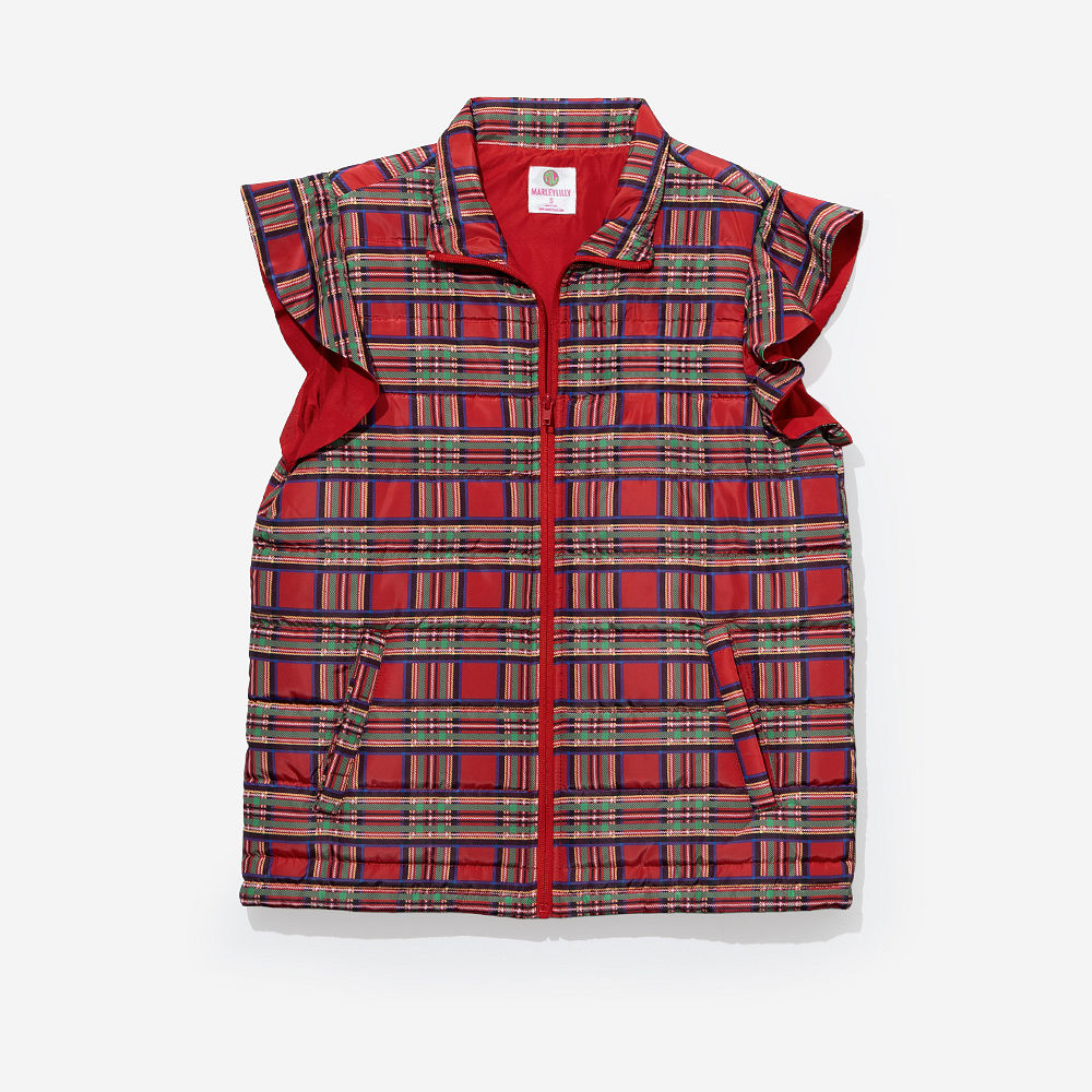 Monogrammed Quilted Ruffle Sleeve Vest | Red Plaid