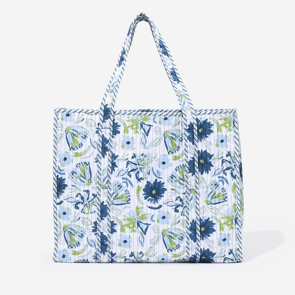 Monogrammed Quilted Tote Bag | Indigo Painted Petals