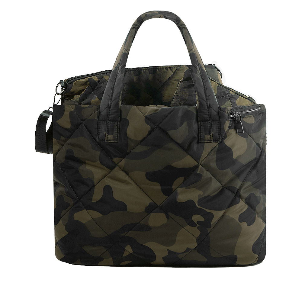 quilted camo tote set inside car with hot pink cap