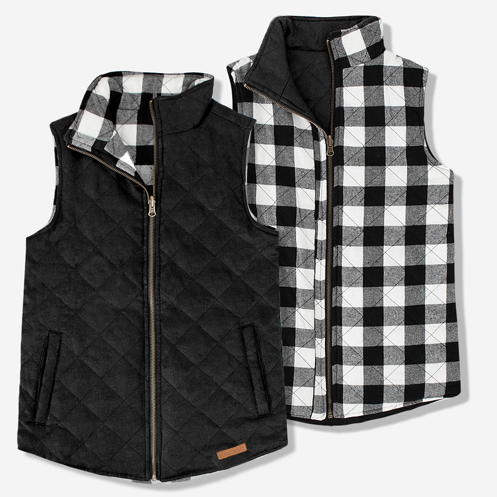 monogrammed reversible vest in black and buffalo plaid