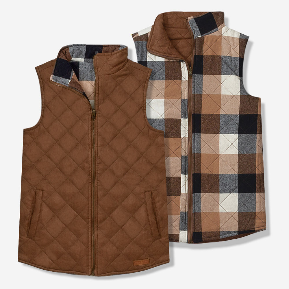 ivory plaid reversible vest on julia ann studio shot