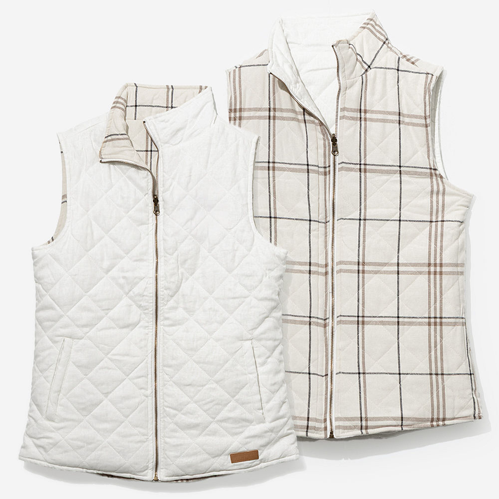 ivory plaid reversible vest on julia ann studio shot