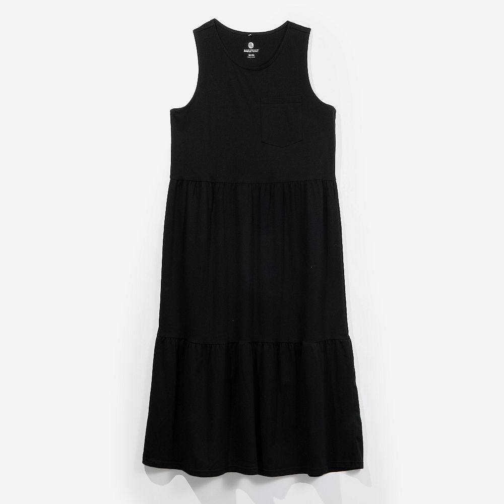 side of personalized black ruffle midi dress