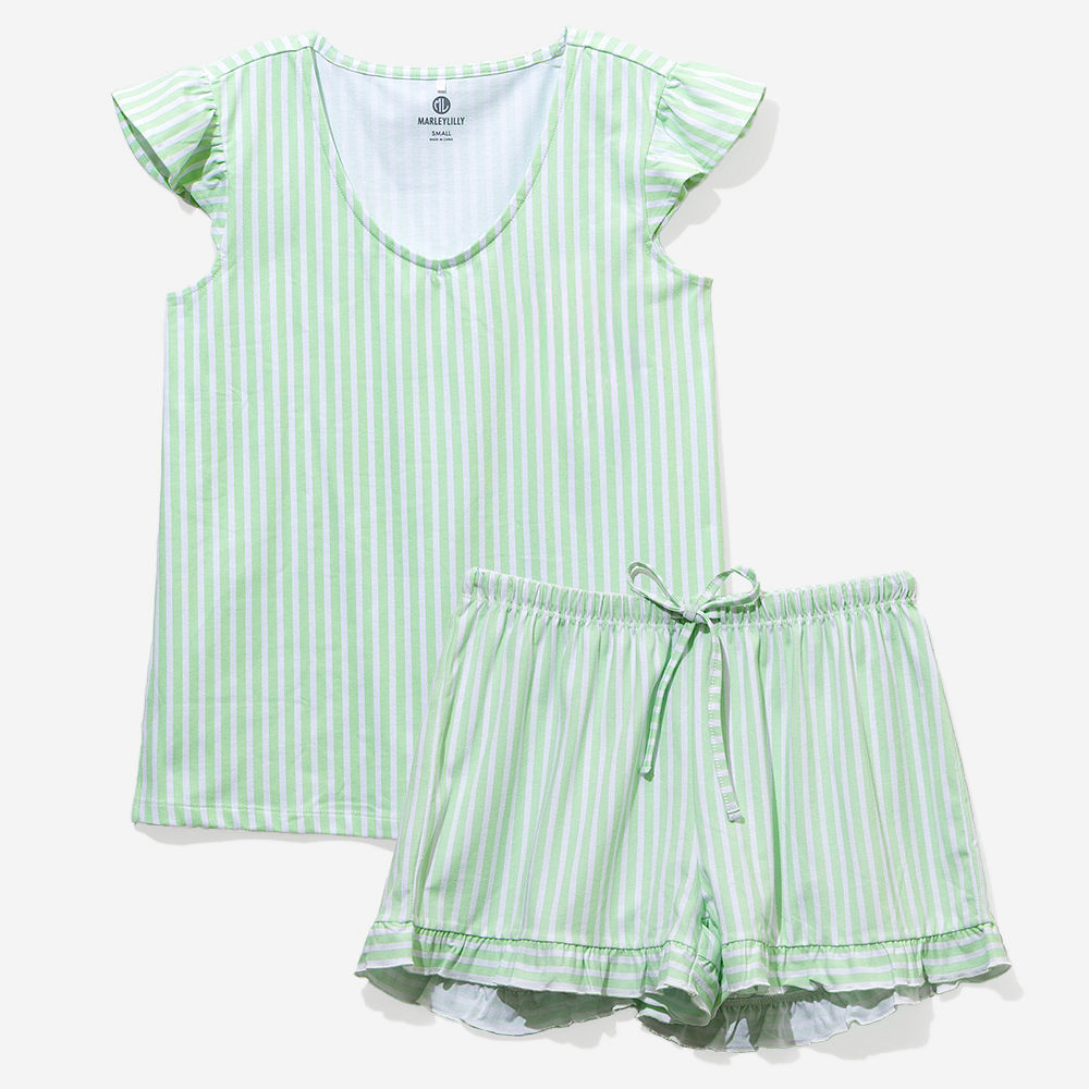 close up of black ruffle monogrammed sleep set