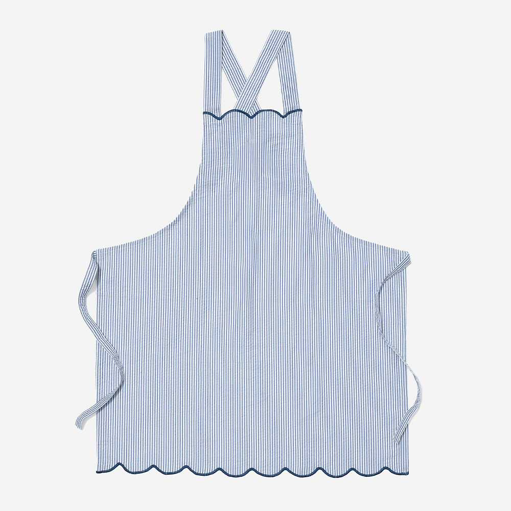 Monogrammed Scalloped Apron | Navy Seersucker