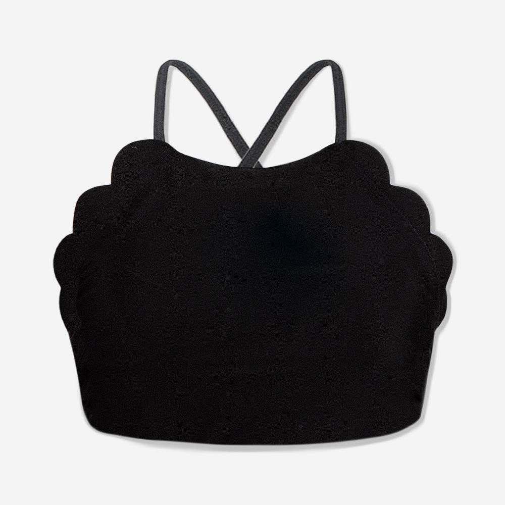 close up of scalloped high neck bikini top - black