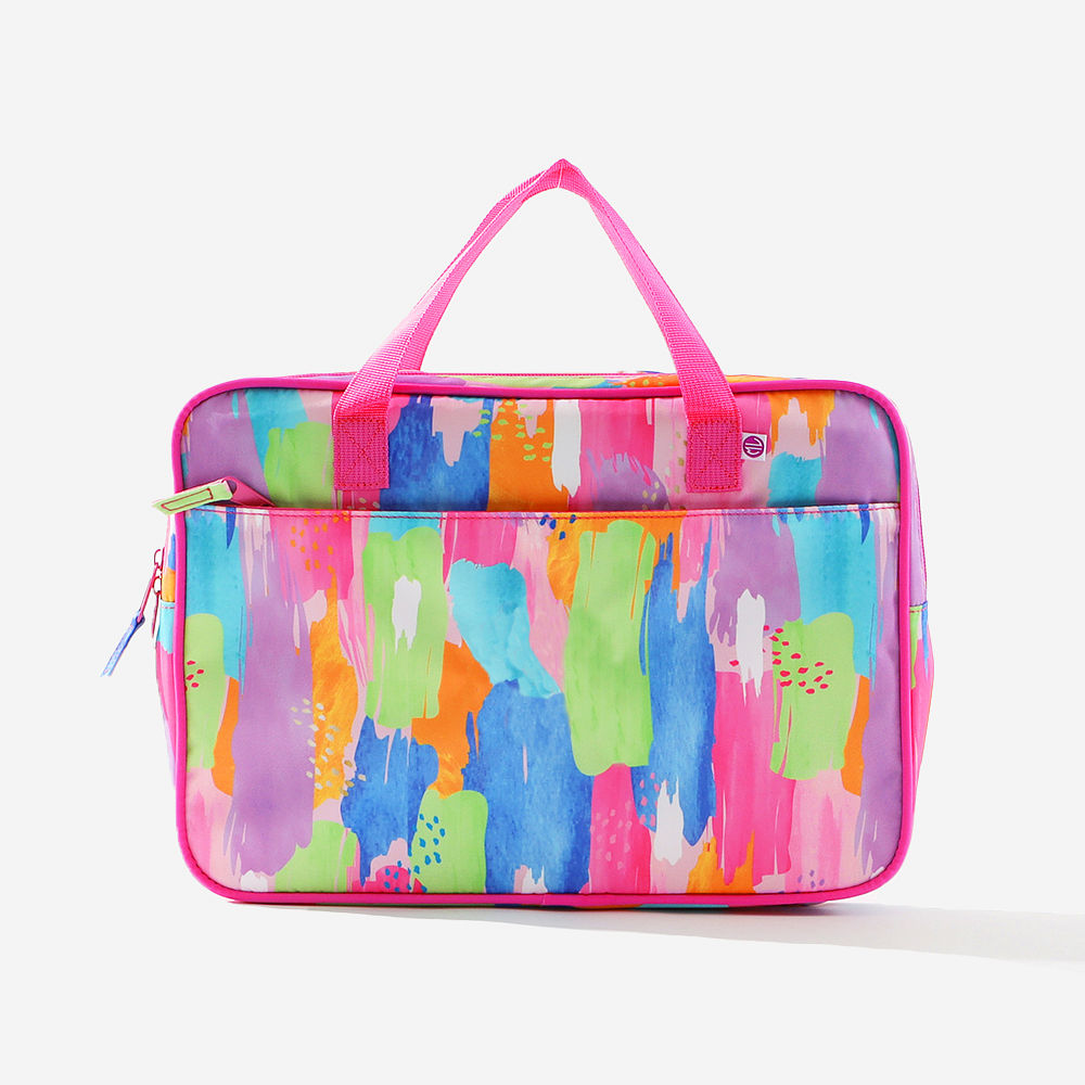 studio shot of multi paintbrush laptop bag and backpack