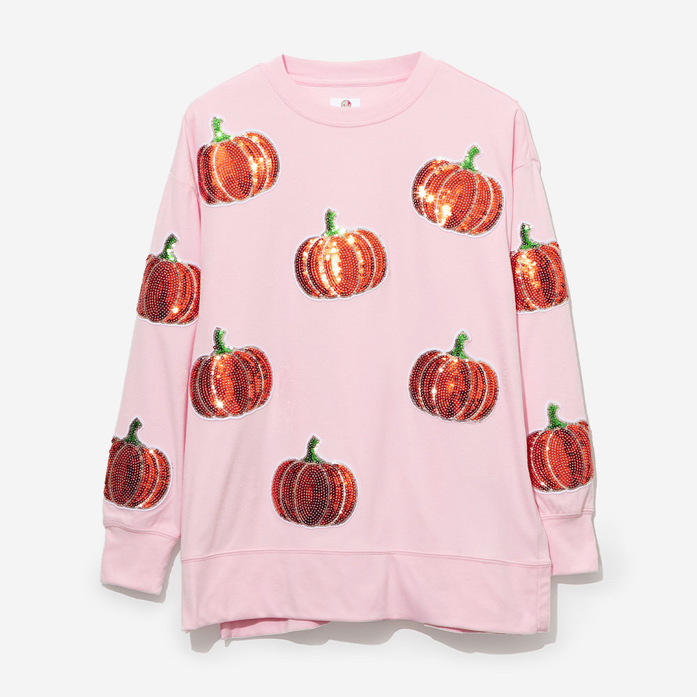 pink pumpkins sequin fall sweatshirt on julia ann back view