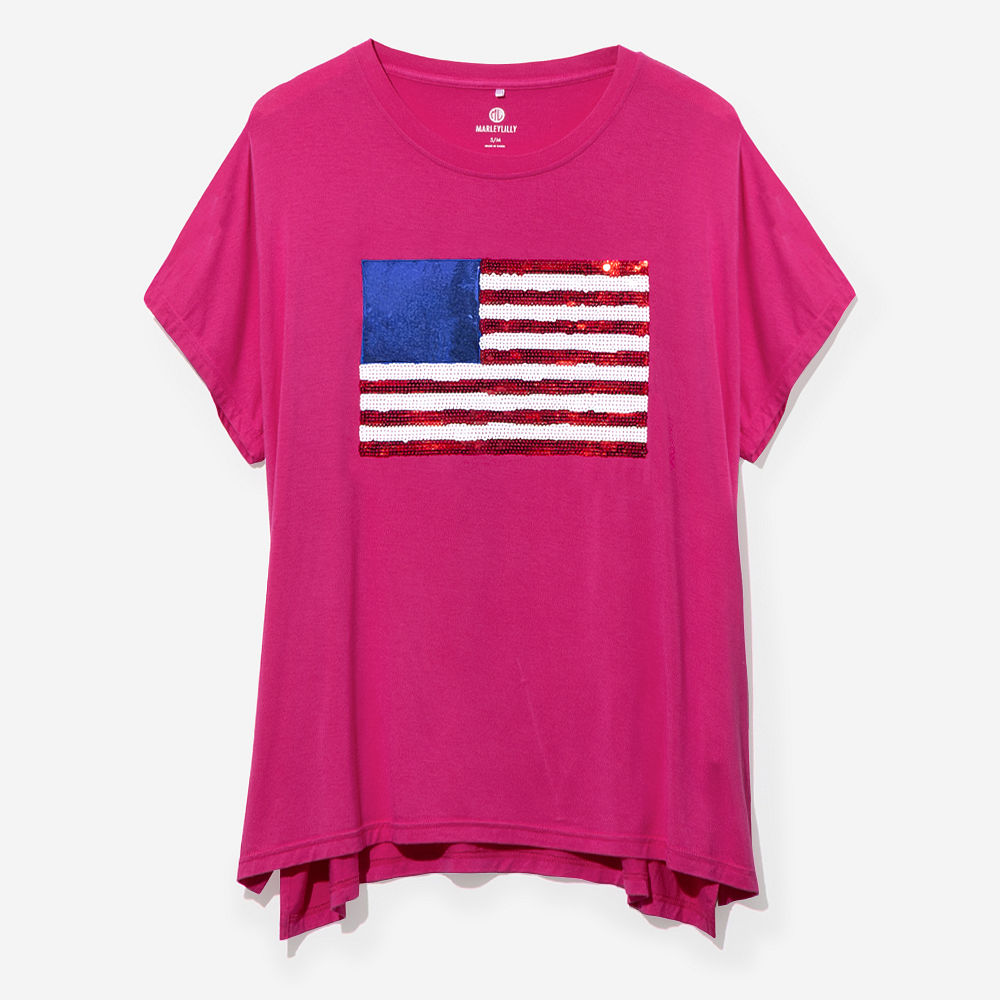 girl wearing monogrammed sequin flag t shirt in hot pink with sandals