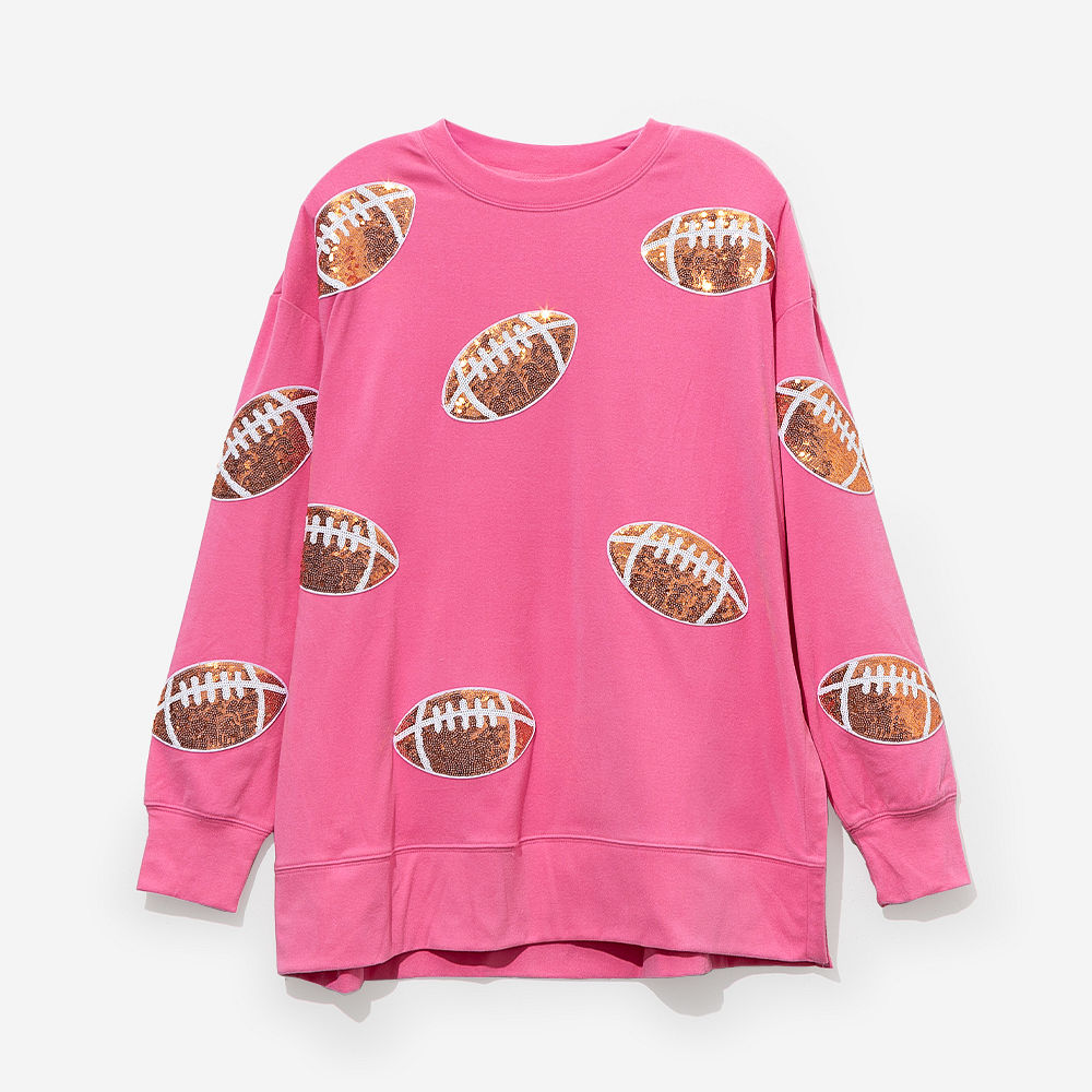 light pink sequin sports sweatshirt up close