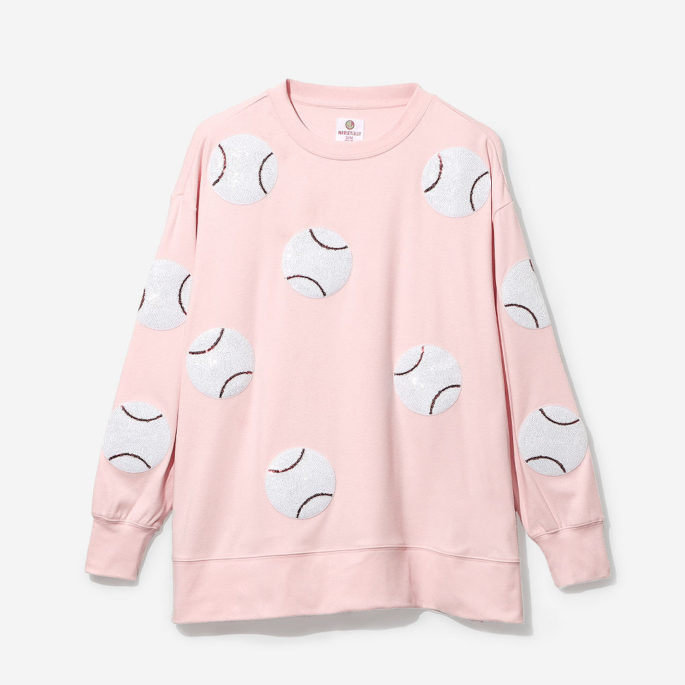 light pink sequin sports sweatshirt up close