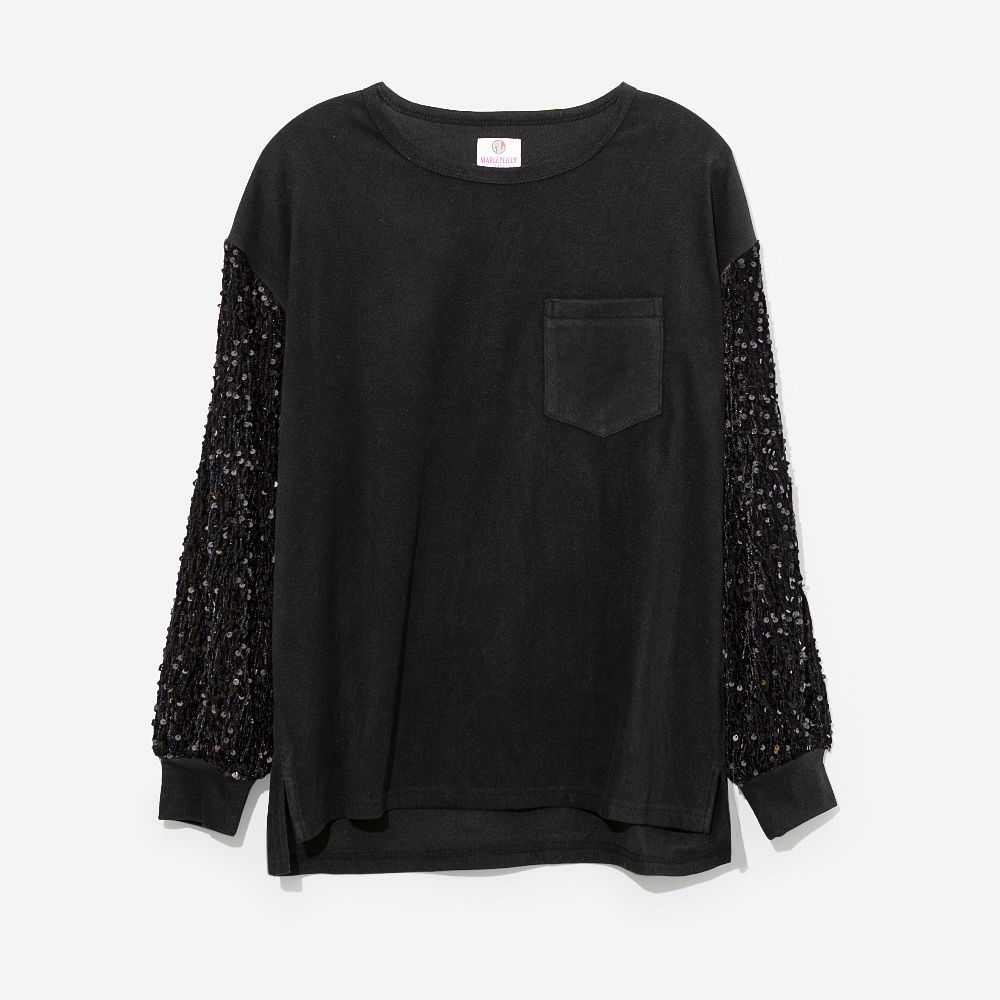 burgundy sequin sweatshirt on peyton