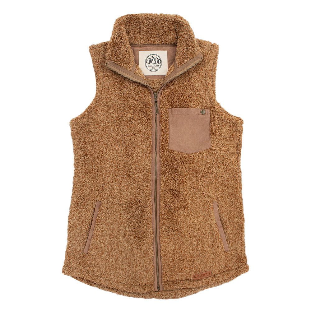 leather branding patch on monogrammed sherpa vest