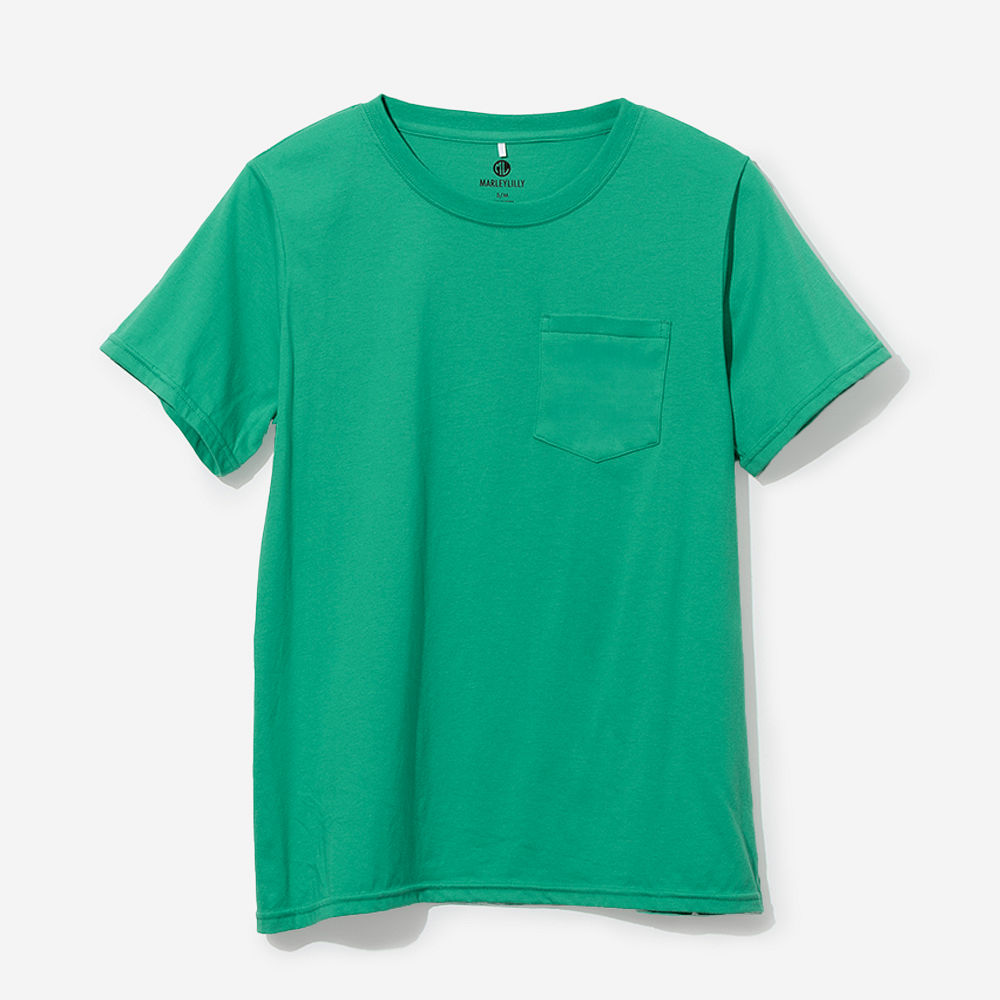 green short sleeve shirt on julia ann - back view