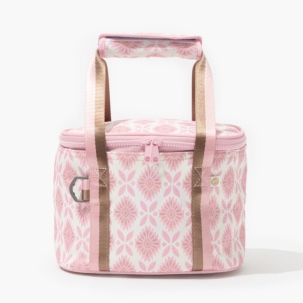 hot pink small cooler at lunch table