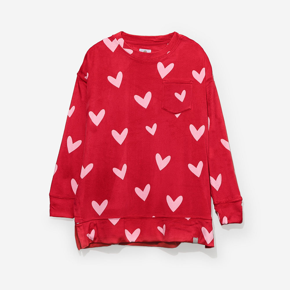 close up of softspun hearts sweatshirt in red hot hearts monogram