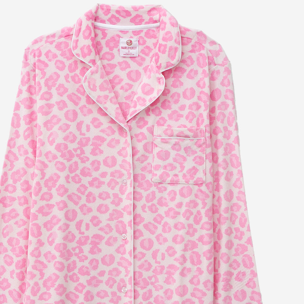 close up of personalized pink cheetah softspun pajama set