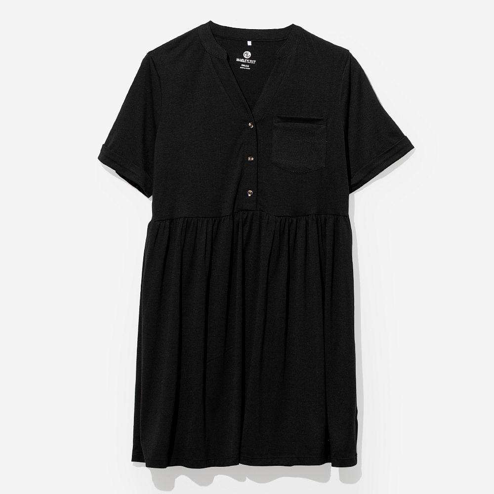 girl in black monogrammed split neck gathered dress