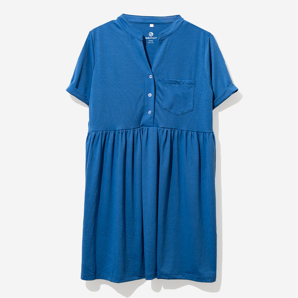 Monogrammed Split Neck Gathered Dress | Blue