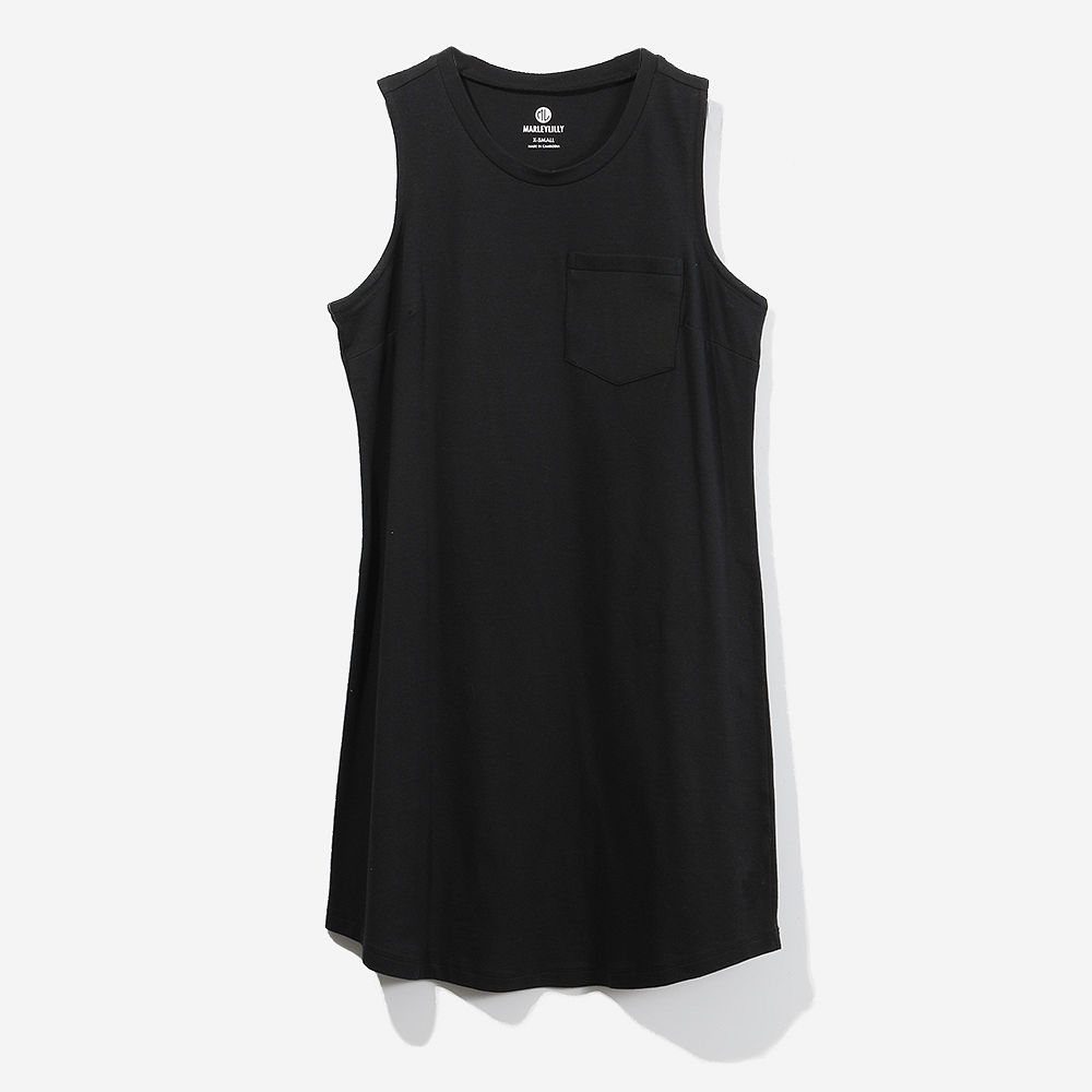 monogrammed sleeveless black dress on blonde
