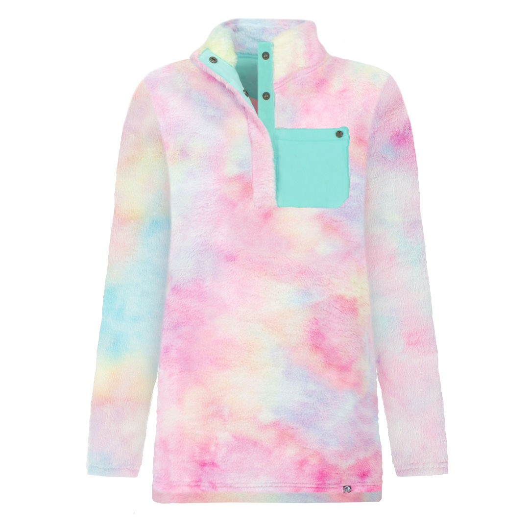 front and back of monogrammed tie dye sherpa pullover