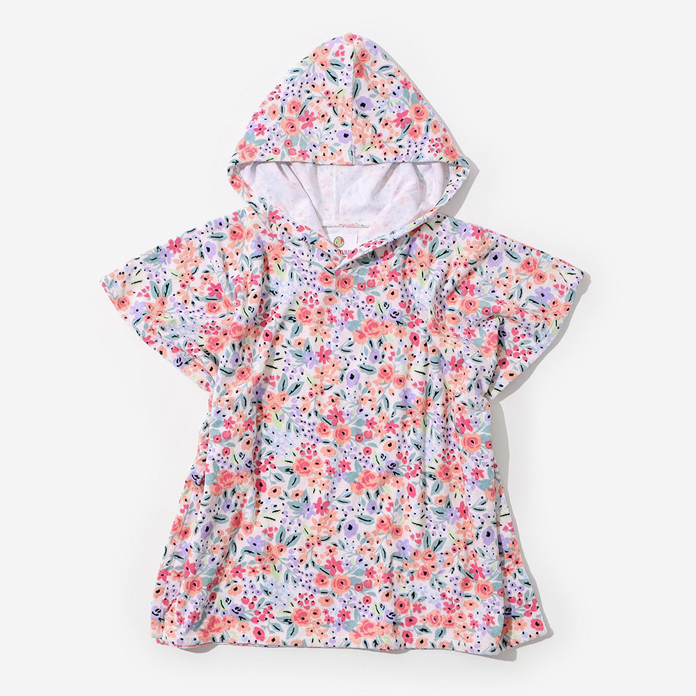 coral floral toddler hooded towel poncho flatlay