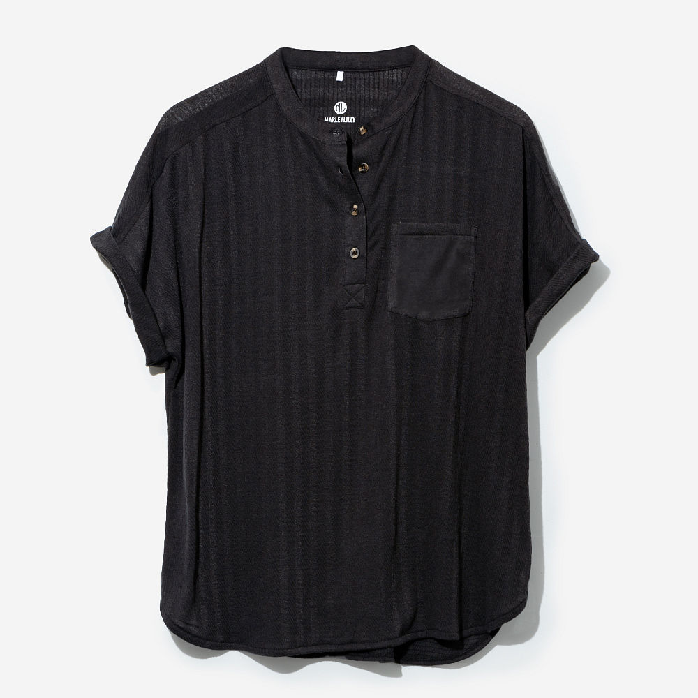 black monogrammed top on ashley - side view