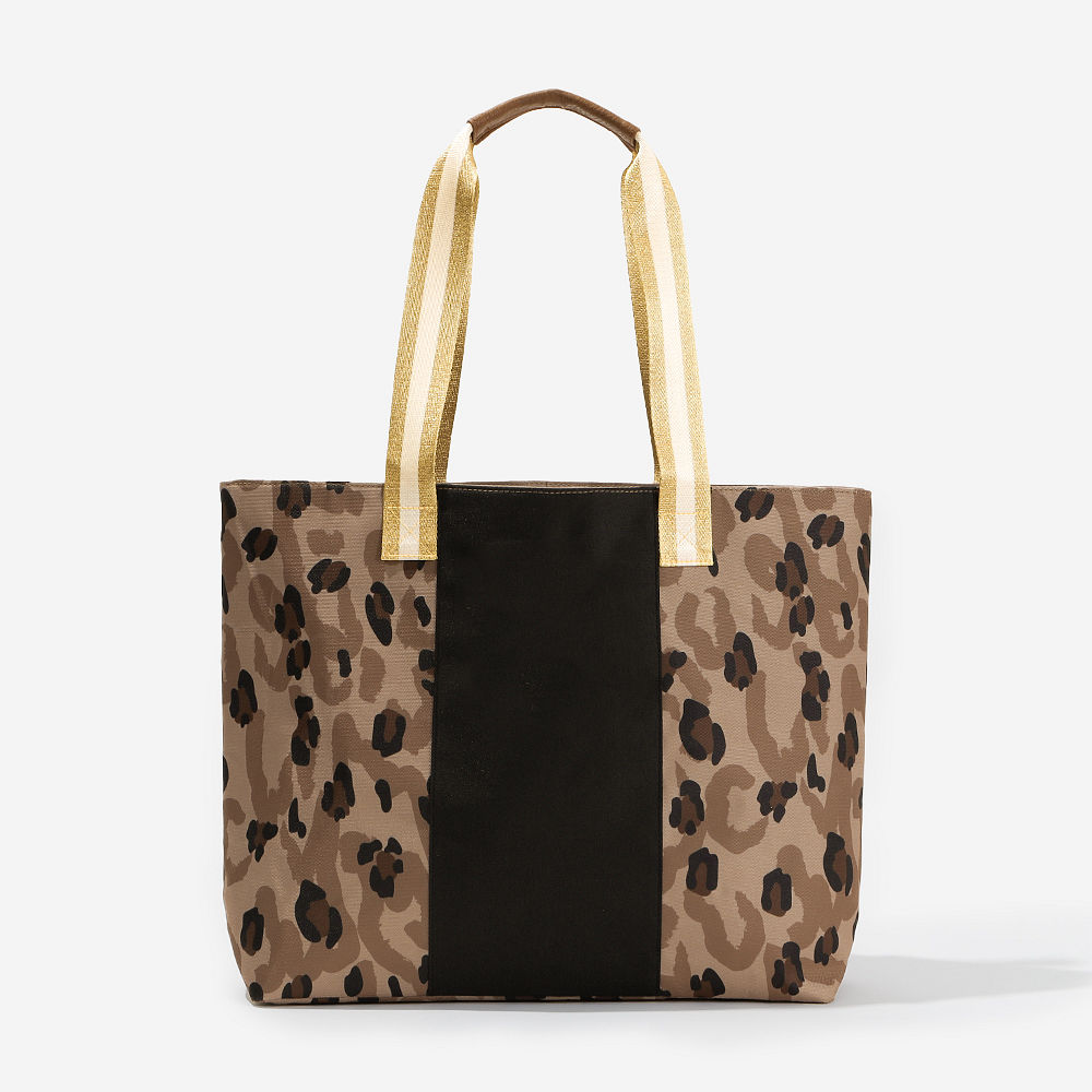 sunset leopard tote bag on shoulder