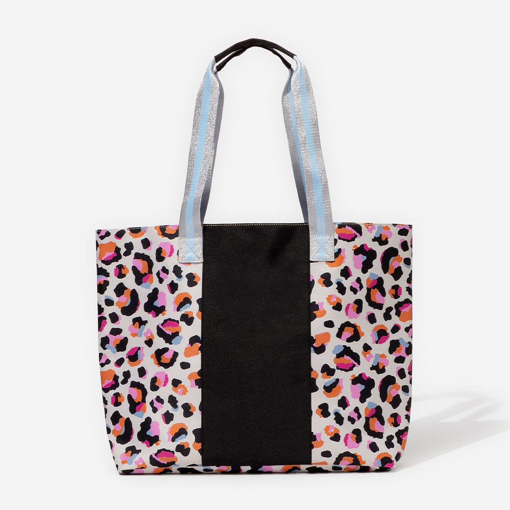 sunset leopard tote bag on shoulder