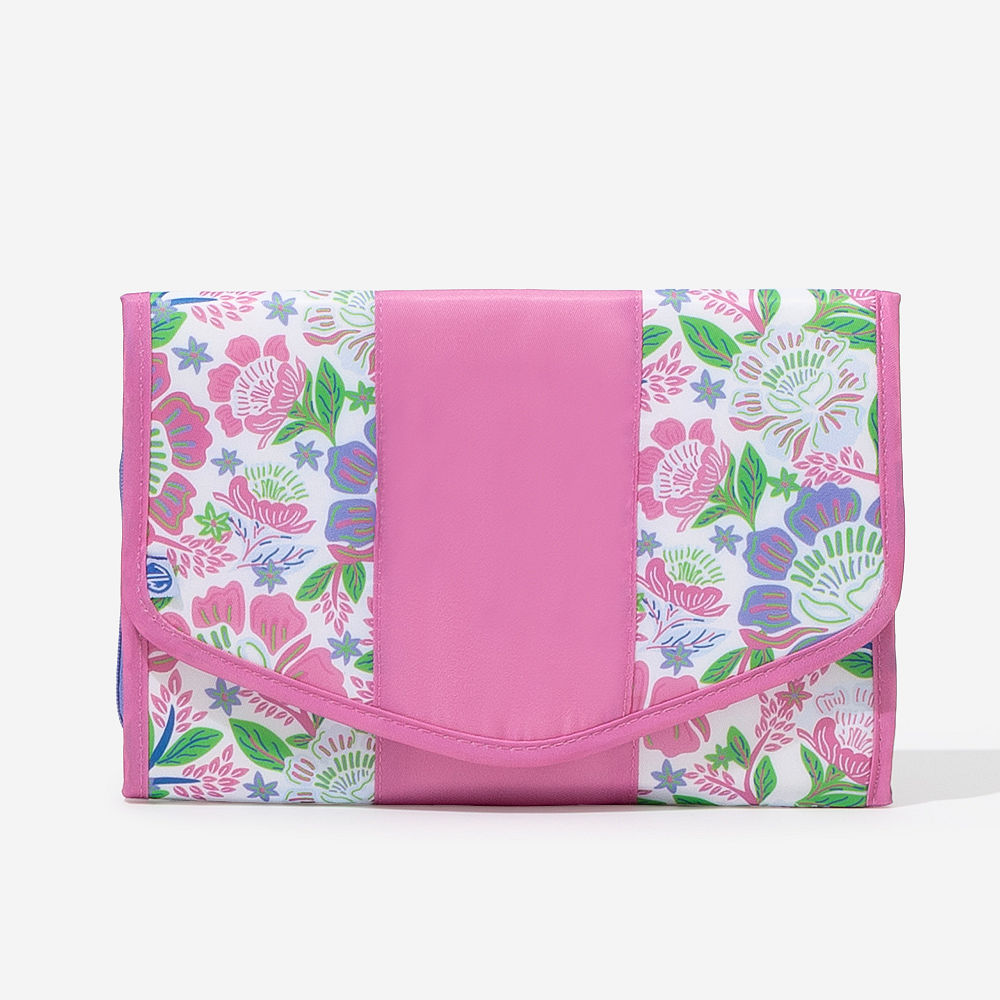 light pink monogrammed travel jewelry organizer packed