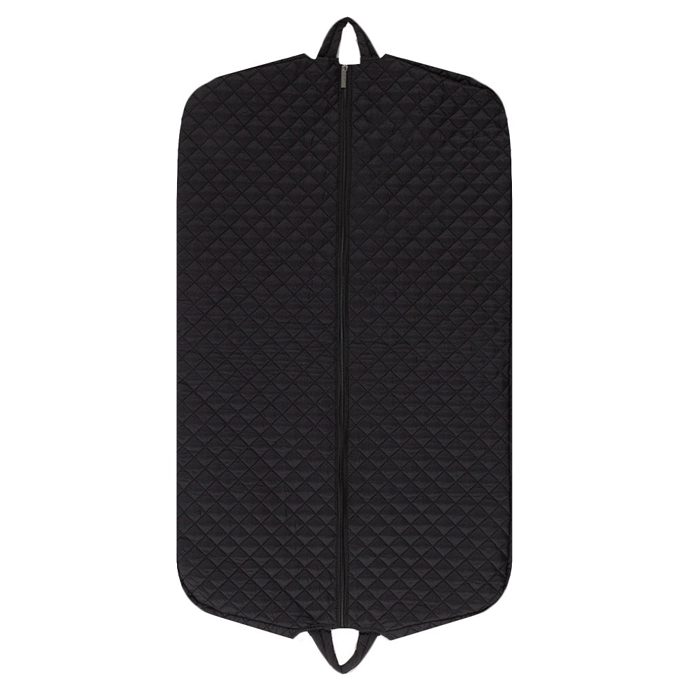 black diamond quilted garment bag up close with name monogram