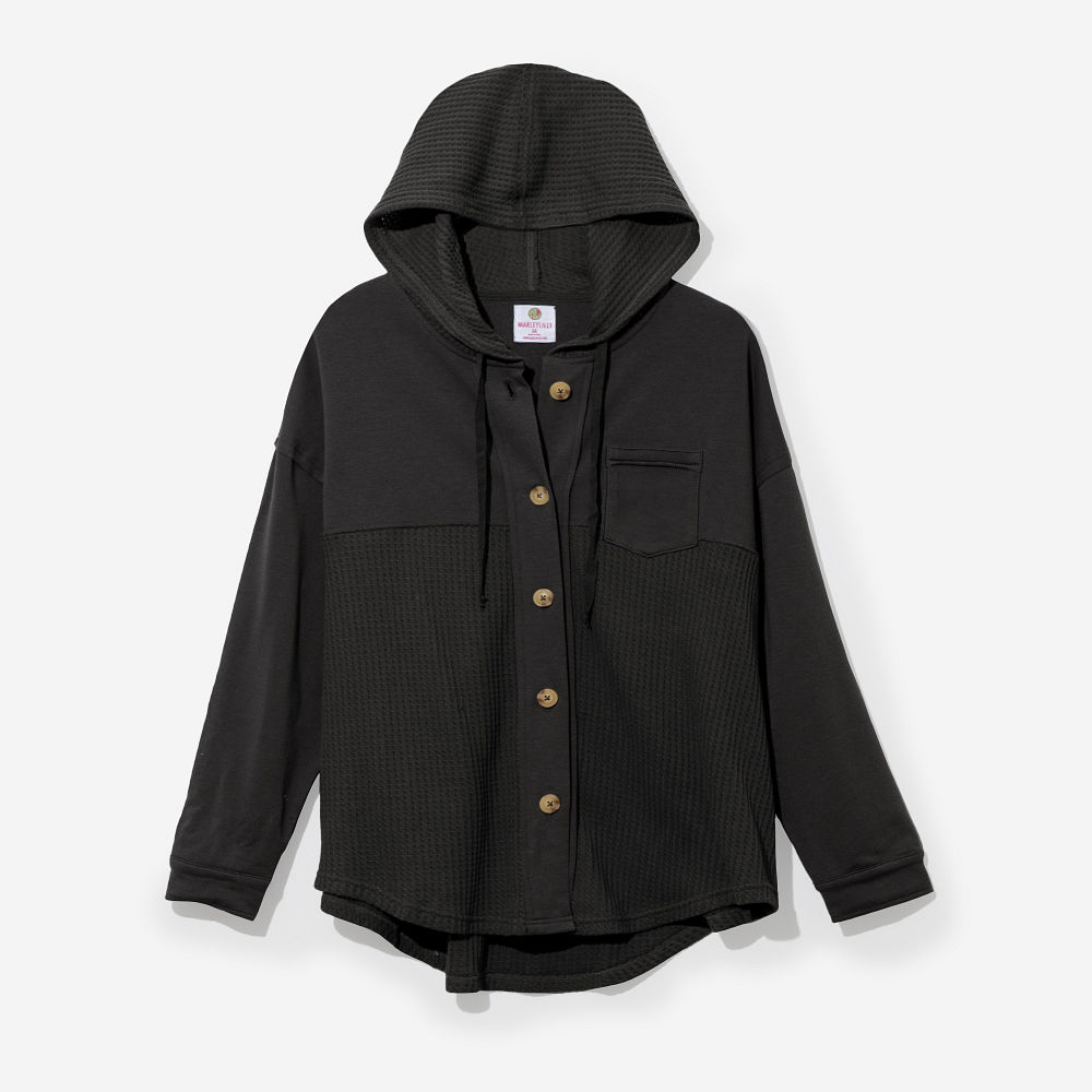 close up of waffle knit charcoal shacket monogram