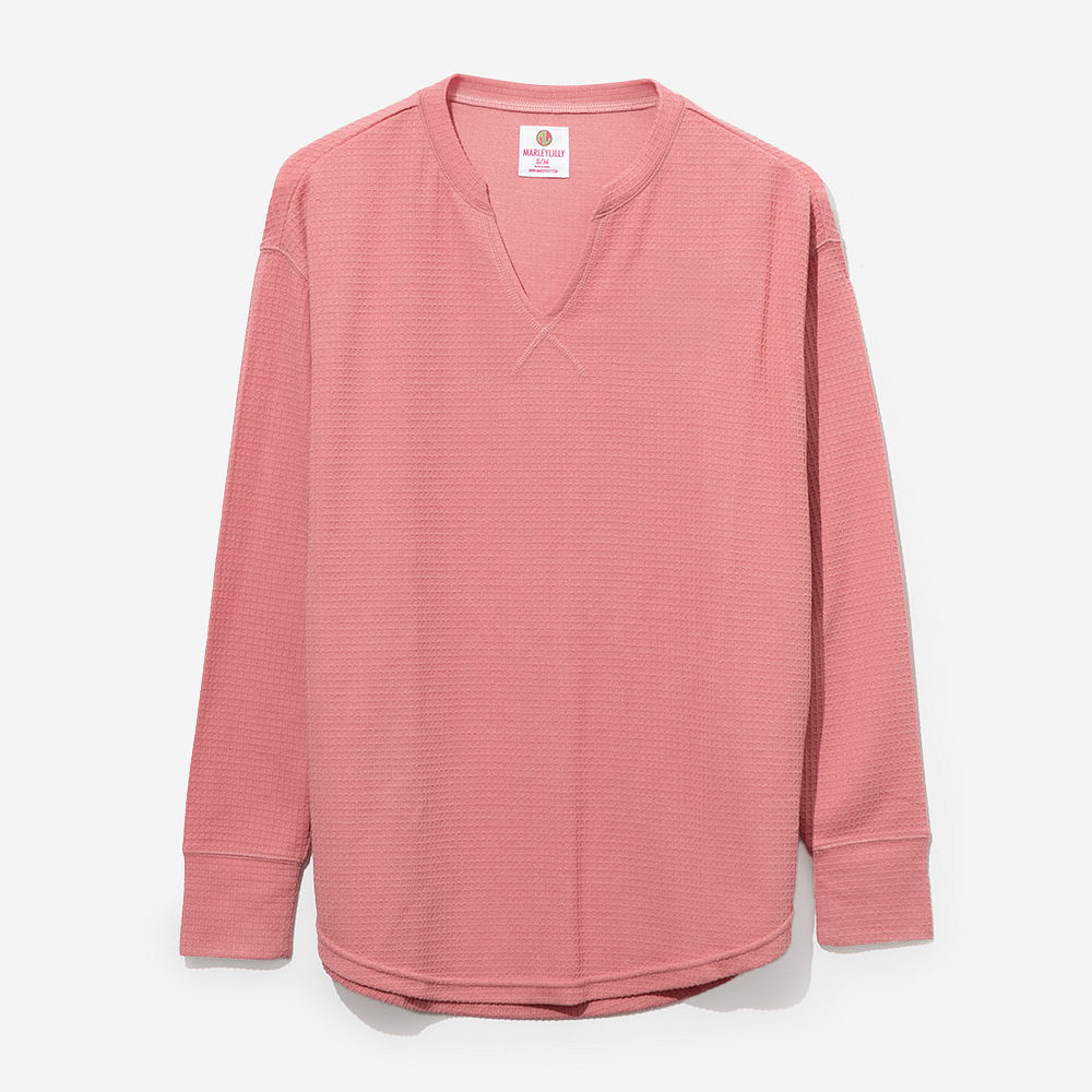 dusty rose waffle shirt on rachel back view