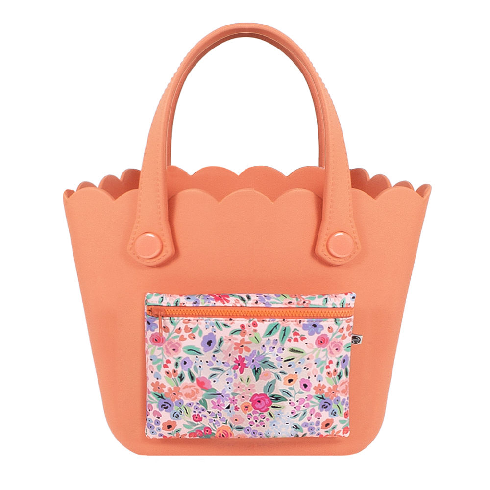 personalized coral floral beach bag at pool