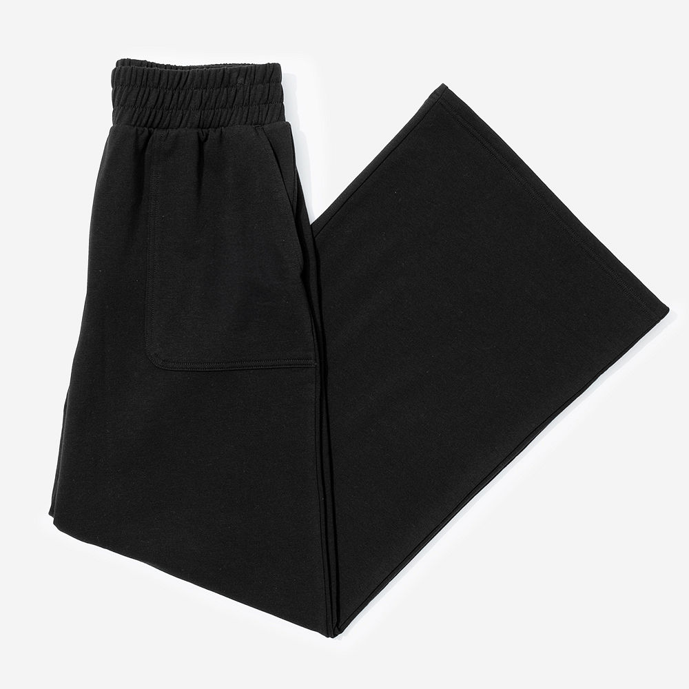 back of black wide leg pants