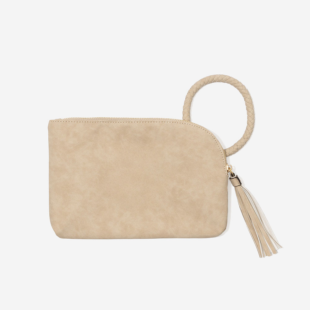 brown wristlet clutch flatlay