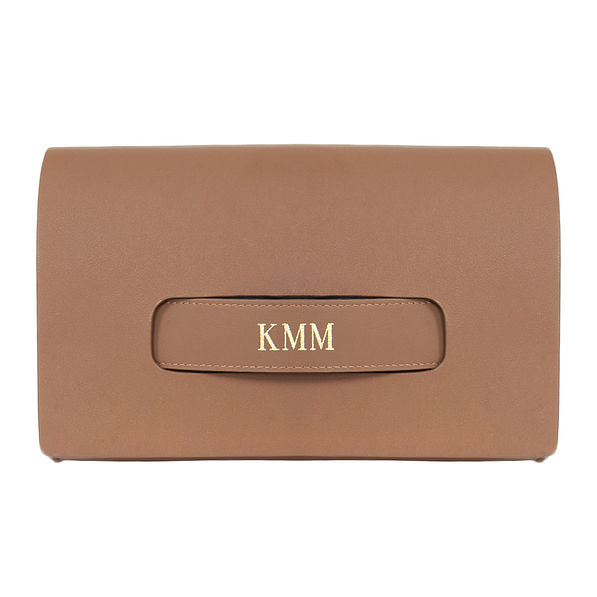 brown monogrammed clutch