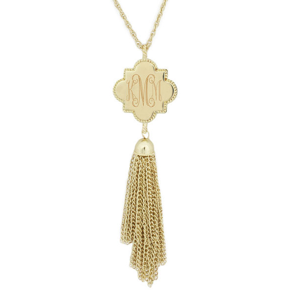 personalized gold tassel quatrefoil necklace