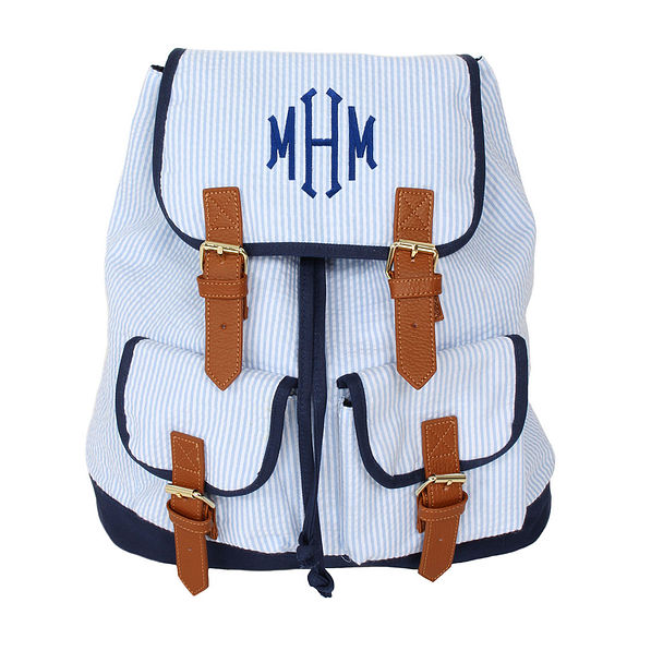 Monogrammed Seersucker Backpack in Blue