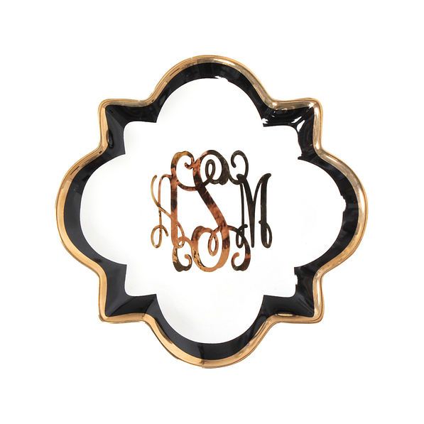 monogrammed quatrefoil jewelry tray in black