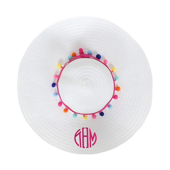 personalized white sun hat with pink monogram and poms