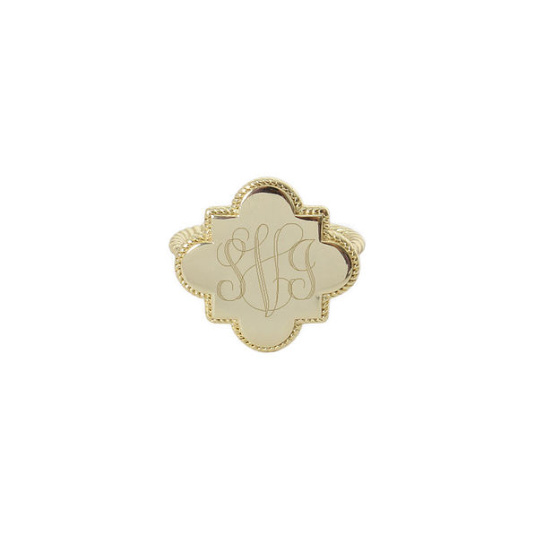 monogrammed quatrefoil ring in gold