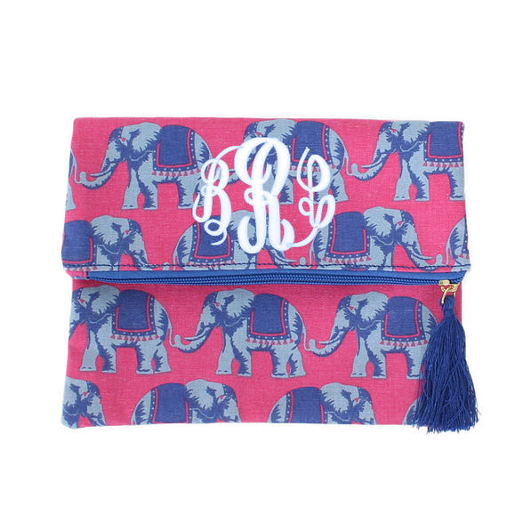 monogrammed elephant foldover clutch with tassel zipper