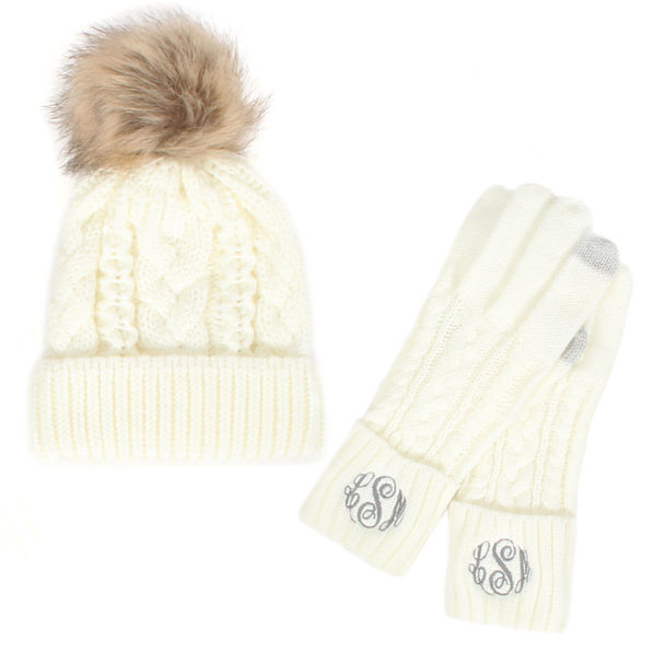 Faux pom on cream beanie with matching personalized ivory gloves