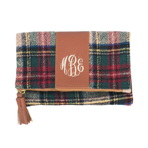 Personalized foldover clutch in camel plaid