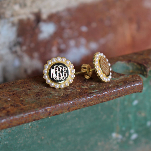 gold pearl earrings with monogram engraving