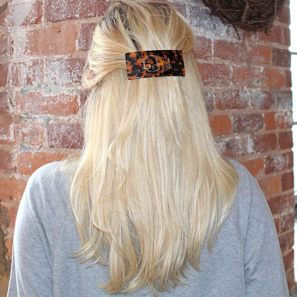 rectangle monogram tortoise hair clip in blonde hair